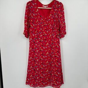 Boden Red Floral Midi Dress V Neck 3/4 Sleeve Viscose Women's UK 14 US 10